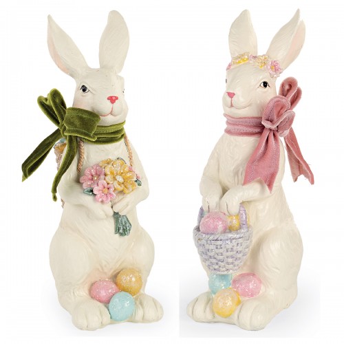 White rabbit with velvet bow, eggs and basket
